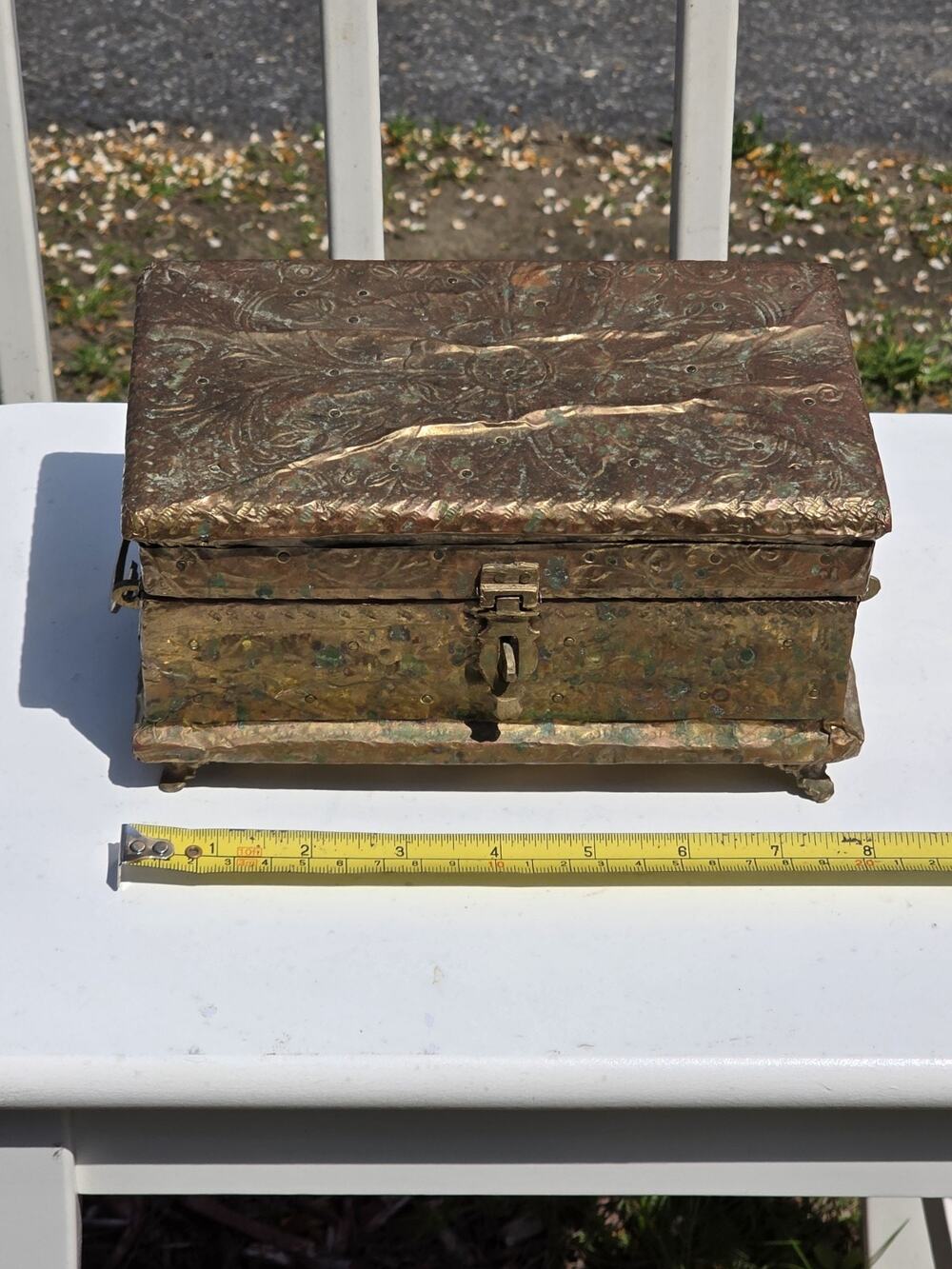Antique Vintage Copper Jewelry Box Brass Embossed Repoussé Velvet Lined Trinket